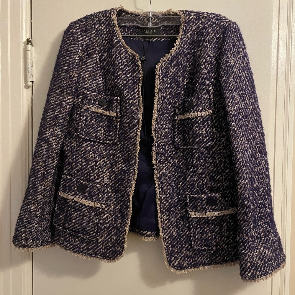 Talbots Purple Tweed Open Front Blazer Jacket NWOT Frayed Edges Size 6